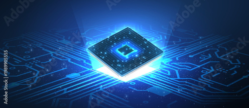 Computer chip. Microprocessor in digital hand on circuit board. Semiconductor manufacturing, Computer chip, Processor technology, PCB manufacturing, Quantum computing, GPU processing, Microchip design