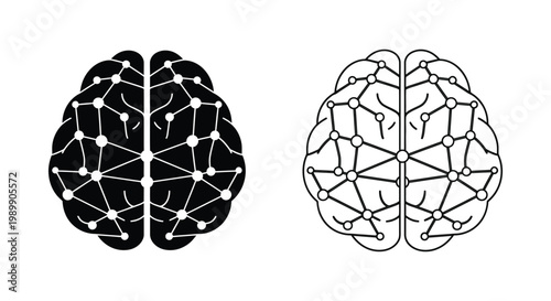 Abstract brain network illustration with connected nodes black and white silhouette