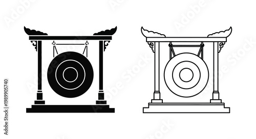 Two depictions of a traditional gong one black and one white silhouette