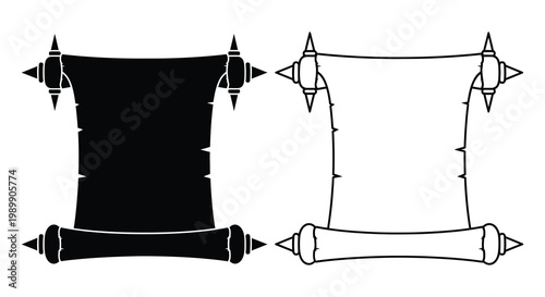 Two ancient scrolls with decorative elements a striking black silhouette