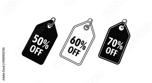 Three discount tags displaying percentage reductions a stark graphic silhouette