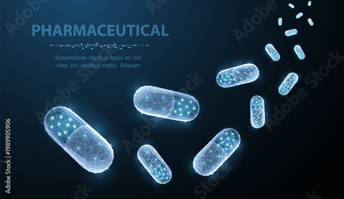 Pills. Abstract polygonal capsule pills falling on blue. Medical, pharmacy, health, vitamin, antibiotic, pharmaceutical, treatment concept illustration or background