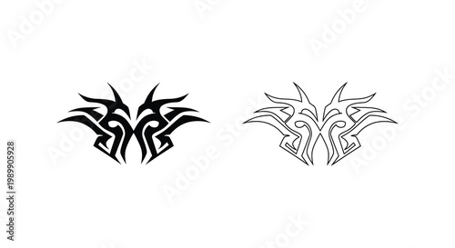 Two symmetrical tribal designs abstract black shapes on a white background silhouette