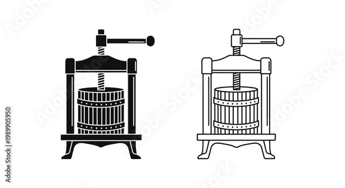 Vintage wine press depictions in black and white detailed illustration silhouette