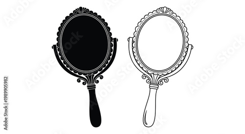 Two ornate hand mirrors one dark and one light presented as a silhouette