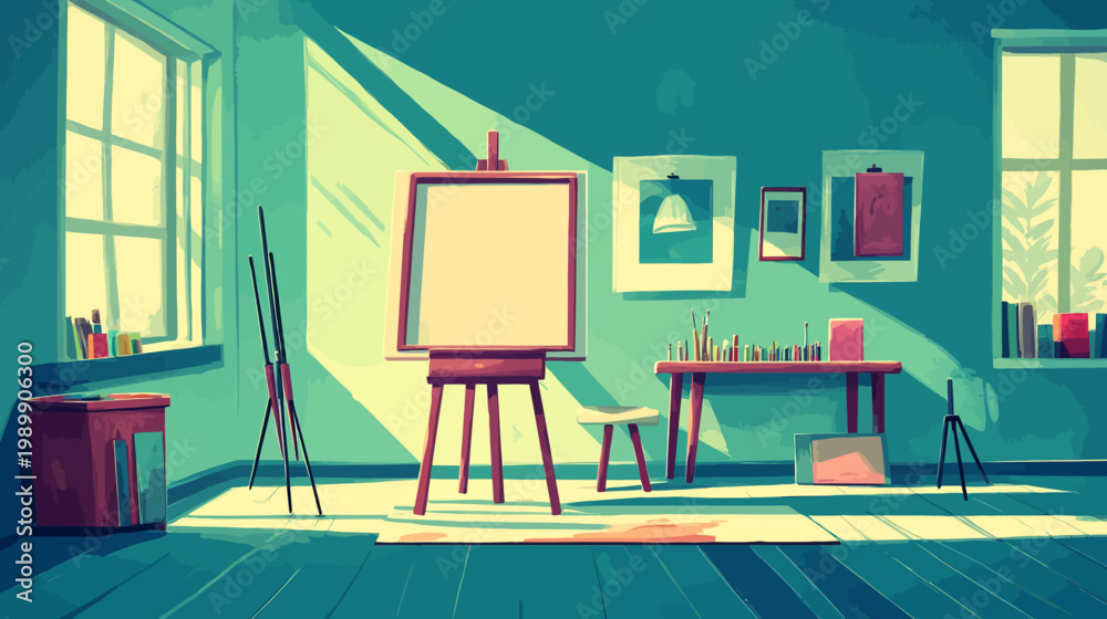 Fototapeta premium A stylized art studio bathed in sunlight, featuring an easel, paintbrushes, and framed art