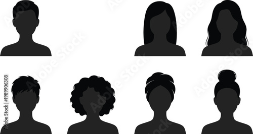 Vector graphic illustration of eight diverse human head silhouettes in black