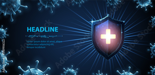 Shining shield and viruses. Antimicrobial protect, covid-19 vaccination, virus protection, immune system, bacterial immunology, antivirus guard, antibacterial defense, disease prevention concept