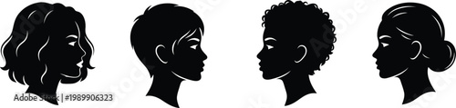 Vector graphic illustration of eight diverse women's head silhouettes in various hairstyles and profiles