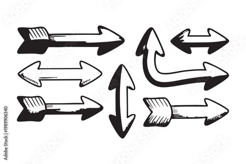 Collection of varied hand drawn arrows and pointers in black and white for design