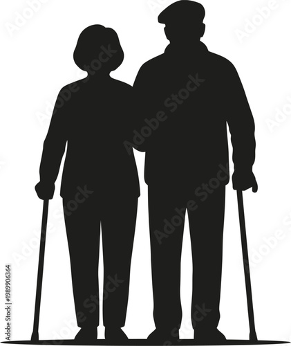 Elderly couple standing together with care and support using walkers