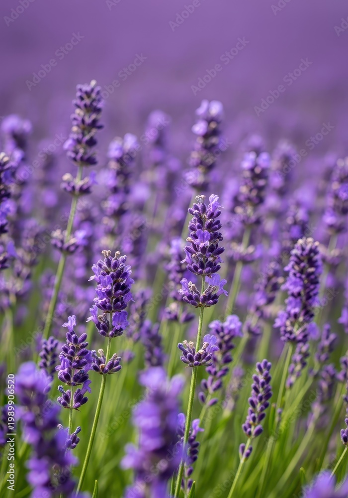 Fototapeta premium Vibrant purple aromatic lavender flowers blooming in a vast summer field, captured in bright natural sunlight, summer crop, essential oil, soothing