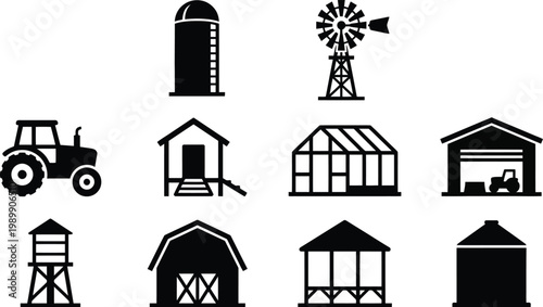 Vector farm icons including barns, silo, windmill, house, tractor, and greenhouse