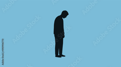 Silhouette of a man standing alone in a thoughtful posture against a plain blue background in a vector graphic illustration