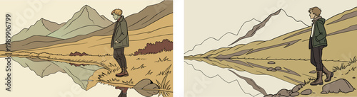 Landscape architecture and scenic nature collection, featuring urban parks, mountain vistas, and garden promenades, vector set.