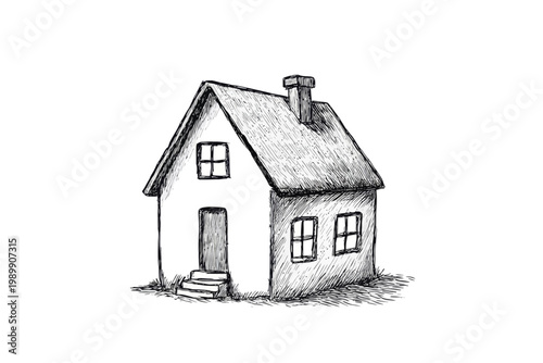 Hand-drawn sketch of a charming cottage with chimney and front steps