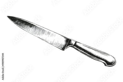 Detailed illustration of a stainless steel chef knife with wooden handle