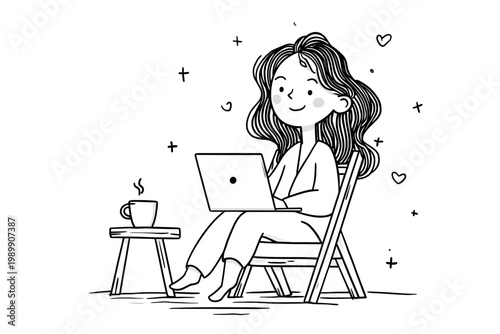 Young caucasian female working on laptop with coffee in hand-drawn style