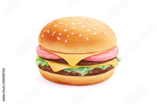 Watercolor cheeseburger with lettuce and tomato on sesame seed bun