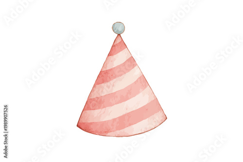 Watercolor striped party hat with pom-pom in pink and white