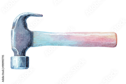 Watercolor painting of a hammer with pastel wooden handle isolated on white background
