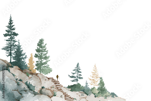 Solitary hiker on rocky mountain path with scenic pine trees