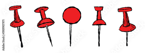 Set of creative hand-drawn red push pins and thumbtacks. Sketchy doodle style editable vector icons isolated on white for office, school, and notice board designs. Professional EPS format. Hand Drawn 