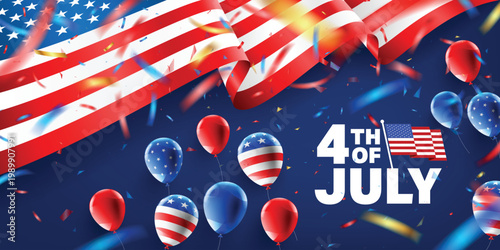 4th of July poster template with Balloon and Confetti.USA independence day celebration with American flag.USA 4 th of July promotion advertising banner template for Brochures,Poster or Banner.Vector