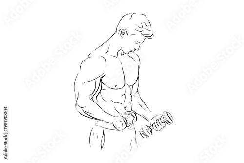 Young caucasian male exercising with dumbbells in line art illustration