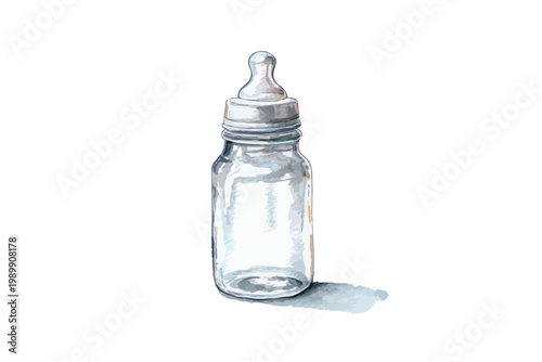 Watercolor illustration of a baby bottle on white background