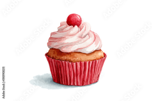Delicious cupcake with whipped cream topping and cherry in red wrapper