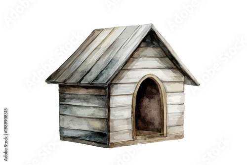 Rustic wooden doghouse with sloped roof
