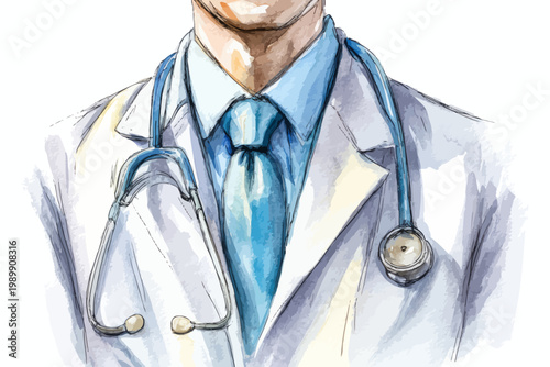 Illustrated young caucasian male doctor with stethoscope in professional attire