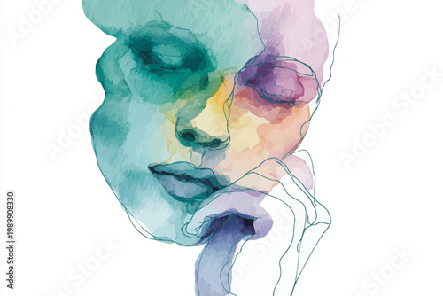 Abstract watercolor portrait of a contemplative caucasian female in serene pastel tones