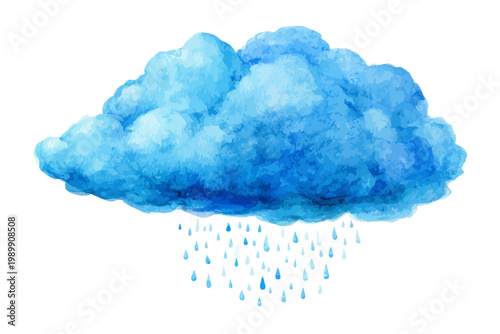 Blue watercolor cloud with falling raindrops on white background