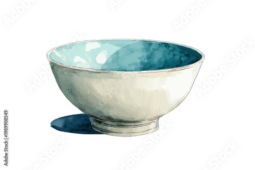 Ceramic bowl with blue interior and shadow in minimalist watercolor art