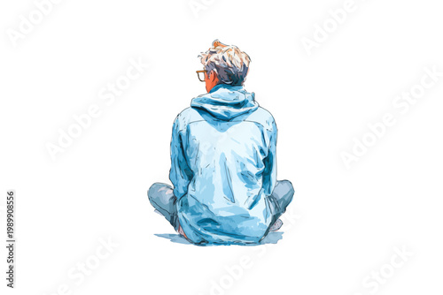 Young caucasian male adult in blue hoodie sitting with back turned
