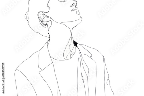 Line art of young caucasian male in contemplative pose with jacket