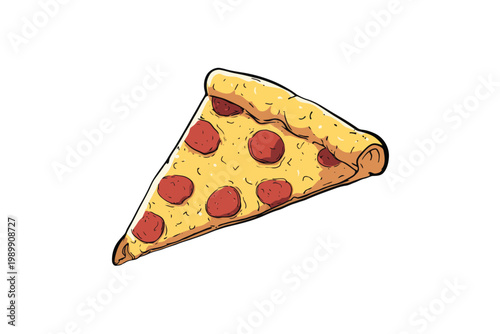 Colorful pepperoni pizza slice drawing on white background