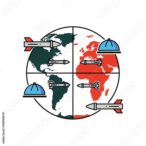 Global conflict and war represented by missiles around the world.