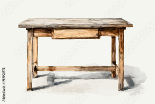 Rustic wooden table with drawer on white background