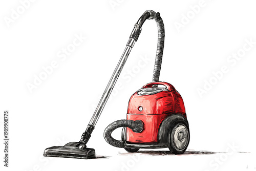 Red canister vacuum cleaner with hose and wheels on white background