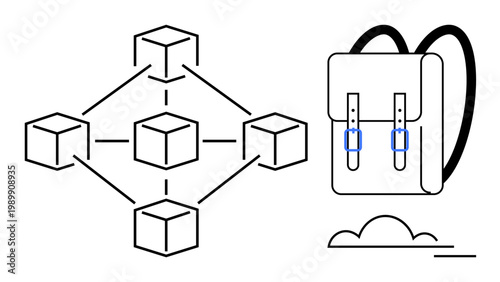Decentralized systems, blockchain, education technology, remote study, academic resources, future learning. Blockchain nodes connected by lines and a minimalist backpack icon. Decentralized systems
