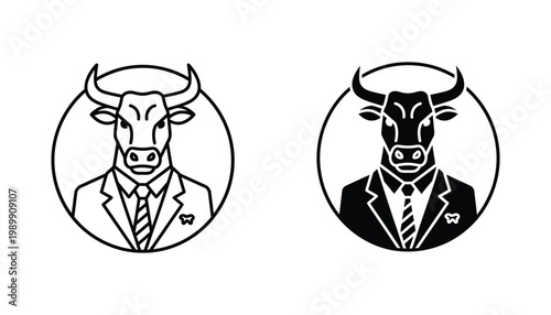Bull in business suit wearing tie vector icon set in outline and solid black silhouette styles for corporate finance branding and stock market mascot logo design and professional business assets