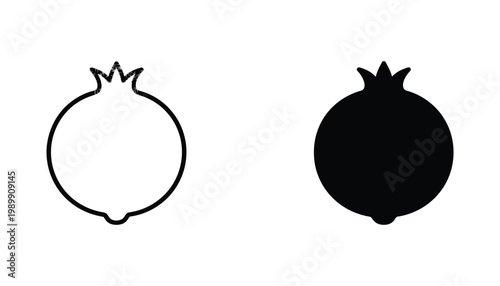 Pomegranate fruit silhouette and outline icon set for culinary and healthy lifestyle graphic design projects