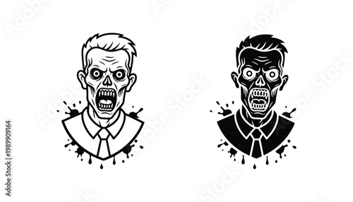 Vector illustration of a screaming zombie head with tie in outline and silhouette