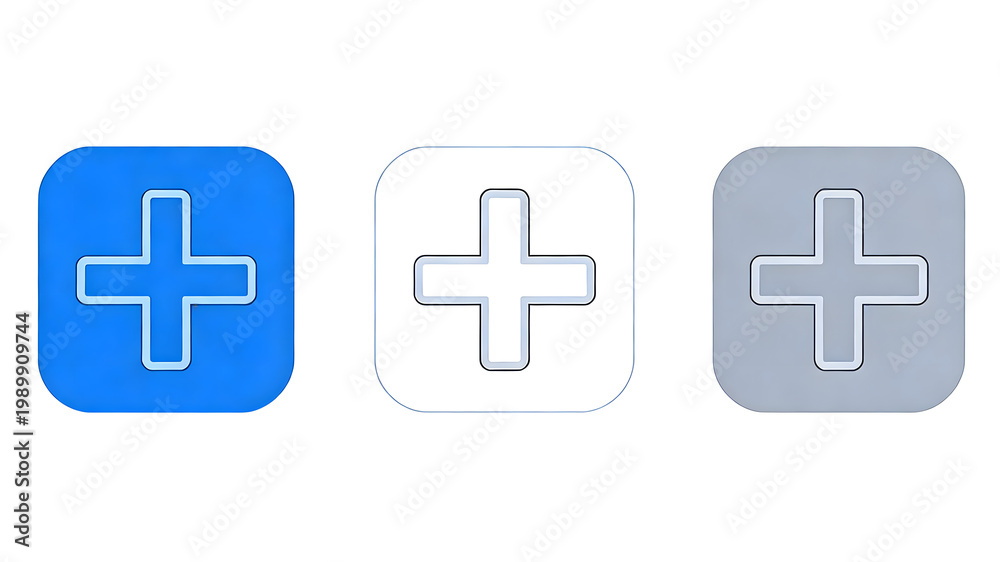 Fototapeta premium Three medical cross icons in blue, white, and gray on white background