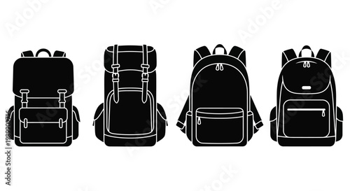 Four black backpacks displayed in a clean minimalist silhouette