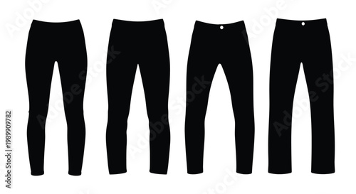 Four pairs of black pants displayed as a flat vector silhouette