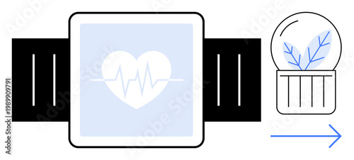 Healthcare, sustainability, wearable tech, eco-conscious design, innovation, health monitoring. Smartwatch showing heart rate symbol and eco-friendly concept of leaves. Healthcare and sustainability